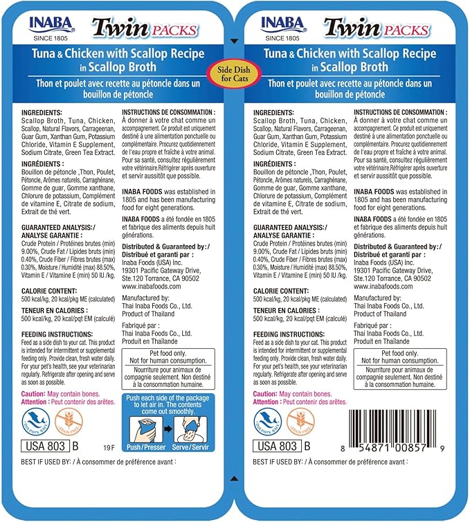 INABA Twin Packs for Cats, Shredded Chicken & Broth Gelée Side Dish/Topper Pouch, 1.4 Ounces per Serving, 12 Pouches, Tuna & Chicken with Scallop Recipe in Scallop Broth