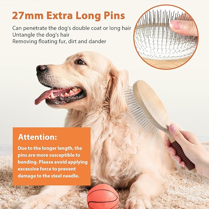 Dog Brush, Pin Brush for Dogs, 27mm Extra Long Pin Brush, Dog Grooming Brush for Shedding, Dog Brush for Long Haired Dogs - Ash Wood Material, Non-Slip Rubber Handle, Round-Tipped Pins