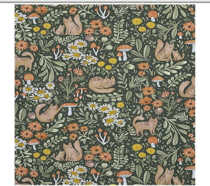 Cartoon Cute Forest Shower Curtains, Fairy Tale Mushroom Cat Flower Floral Leaf Green Pattern Decor Print Bath Drapes Set with Hooks, Waterproof Fabric Windows Treatment for Bathroom, 72x72in