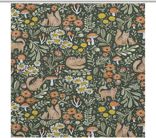 Cartoon Cute Forest Shower Curtains, Fairy Tale Mushroom Cat Flower Floral Leaf Green Pattern Decor Print Bath Drapes Set with Hooks, Waterproof Fabric Windows Treatment for Bathroom, 72x72in