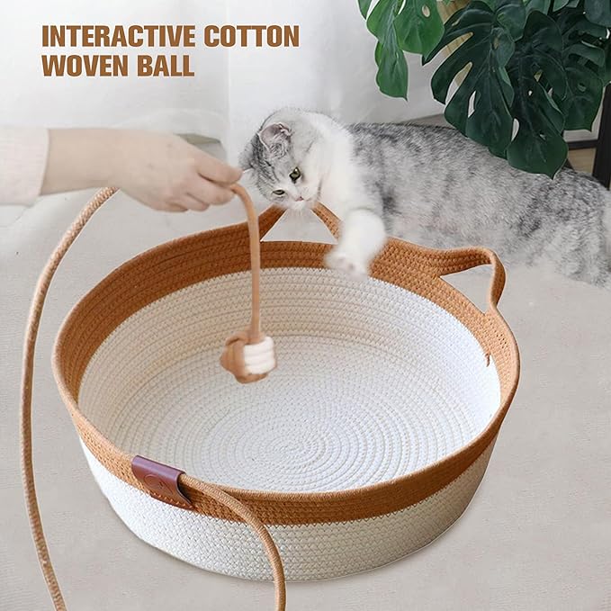 Hand Woven Cat Bed Basket Nest Round with Toy Tail, Natural Cotton Linen Cat Scratch Pad, Pet Sleeping Bed House Scratcher Scratch Mat Pad for Puppy Small Dogs Indoor Cat Summer (Large)