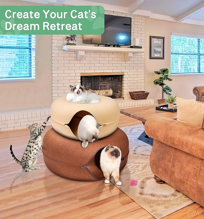Peekaboo Cat Cave for Multiple Cats/Large Cats, Cat Caves for Indoor Cats Up to 9 Lbs, Cat Tunnel Bed, Scratch Detachable and Washable Large Donut Cat Bed, Yellow