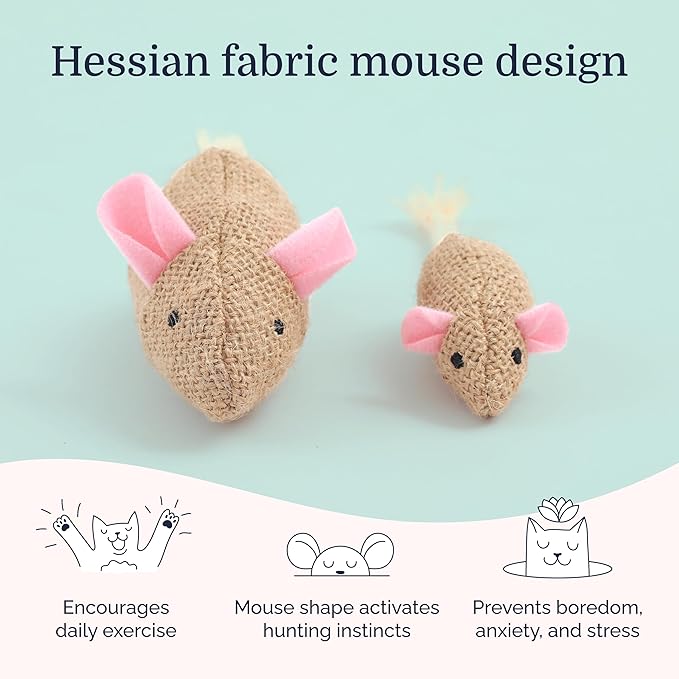 Hepper Catnip Mice Toy Set - Hessian: Premium Catnip-Infused Mice Cat Toys for Endless Play, Multi-Textured Hessian Fabric Ideal for Quiet Self-Play - 2 pcs Pet Toys for Cats for Kicking & Tossing