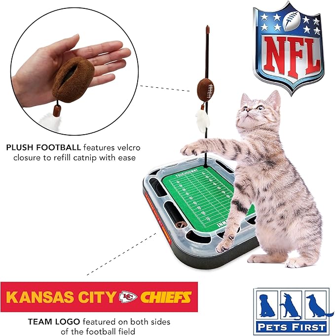 Cat Plush Toy NFL KANSAS CITY CHIEFS FOOTBALL FIELD CAT SCRATCHER TOY with CATNIP Filled Plush FOOTBALL Toy & Feather Cat Toy hanging, with Jingle Bell INTERACTIVE BALL Cat Chasing 5-in-1 KITTY Toy