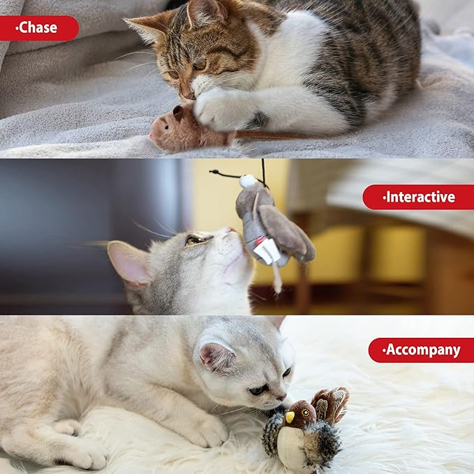 Gigwi Interactive Cat Toy Set, Squeaky Cat Feather Toys for Indoor Cats, 3PCS Cat Plush Toy Pack Including Mouse Hunt Cat Toy, Cat Chase Bird Toy, Cat Chirping Cricket Toy