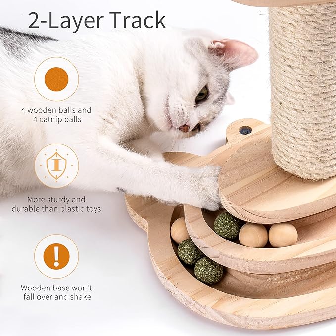 MEWOOFUN Cat Toy 2-Layer Turntable Cat Ball Toy with Feather,Kitten Toys Interactive Cat Toy with Eight Interactive Balls and Two Sisal Dangling Balls (Medium)