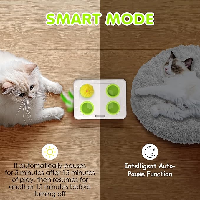 Cat Toys, 2 in1 Automatic Interactive Cat Toys for Indoor Cats, 4 Holes Mice Whack a Mole Cat Mouse Toy with Moving Feather, Rechargeable USB Power Kitten Feather Toys for All Breeds (Green)