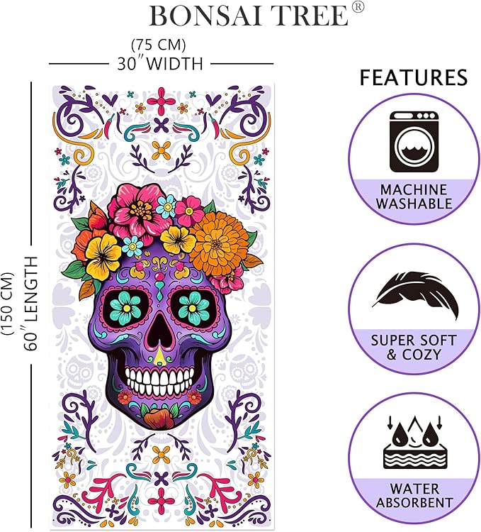 Bonsai Tree Sugar Skull Beach Towel, Purple Microfiber Bath Towel for Women, Sand Free Quick Dry Travel Towels Sugarskull for Women Yoga Sports Adults 30" X 60"