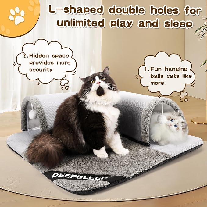 Cat Tunnel Bed for Indoor Cats, 2in1 Cat Bed and Tunnel Cat Toys,27.55IN Large Size Cat Carpet Tunnel Suitable for All Seasons, Detachable, Washable for Cats and Small Pets&Grey
