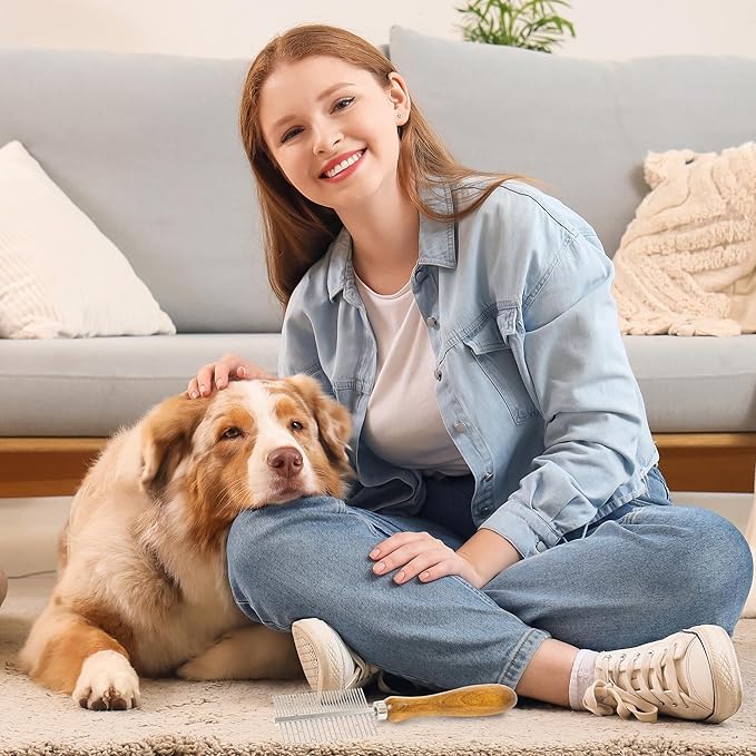 Takavu Metal Dog Comb for Removes Tangles and Knots, Cat Comb for Removing Matted Fur, Stainless Steel Smooth Round Teeth Grooming Tool with Wooden Handle for Grooming Pets Hair