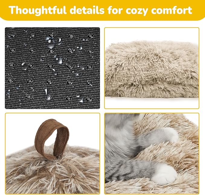 CATISM Cat Bed, Cat Cave for Indoor Cats, Soft Cat Dome, Self-Warming 2 in 1 Foldable Pet Cat House with Washable Cushioned Pillow Calming Fluffy Dog Beds for Small Dogs with Anti-Slip Bottom Brown