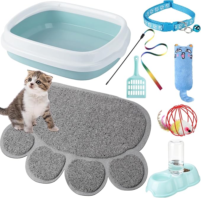 7 Pcs Small Cat Kitten Starter Kit Cat Litter Box with Shovel Cat Paw Litter Mat Double Automatic Cat Bowls Cat Toy Teaser Stick Cat Collar Essentials Kits for 1-3 Lbs Beginner (Fresh Blue,Stylish)