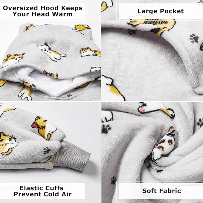 THREE POODLE Wearable Blanket Hoodie, Oversized Long Sherpa Sweatshirt Blanket for Adults Women Men, Warm Cozy Cat Hooded Blanket, Gifts for Mom Girlfriend