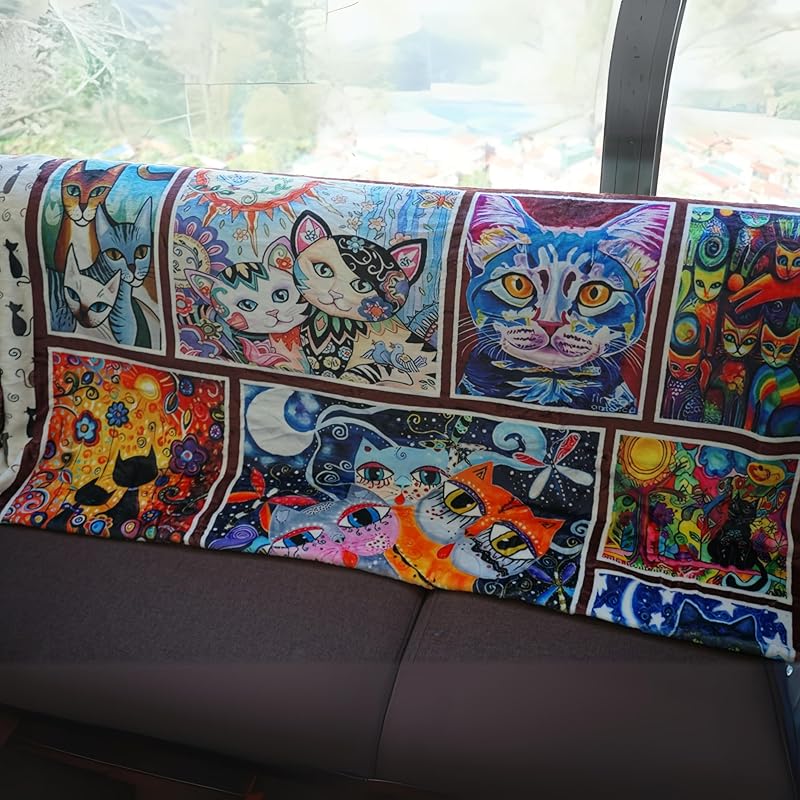 Throw Blanket - Colorful Cat Design Boho Blanket, Ultra Soft Rustic Quilt For Sofa, Couch, Bed, Bath Towels - Lightweight Bohemian Blankets - Cute Decorative Throw Coverlet (59x71 inch)