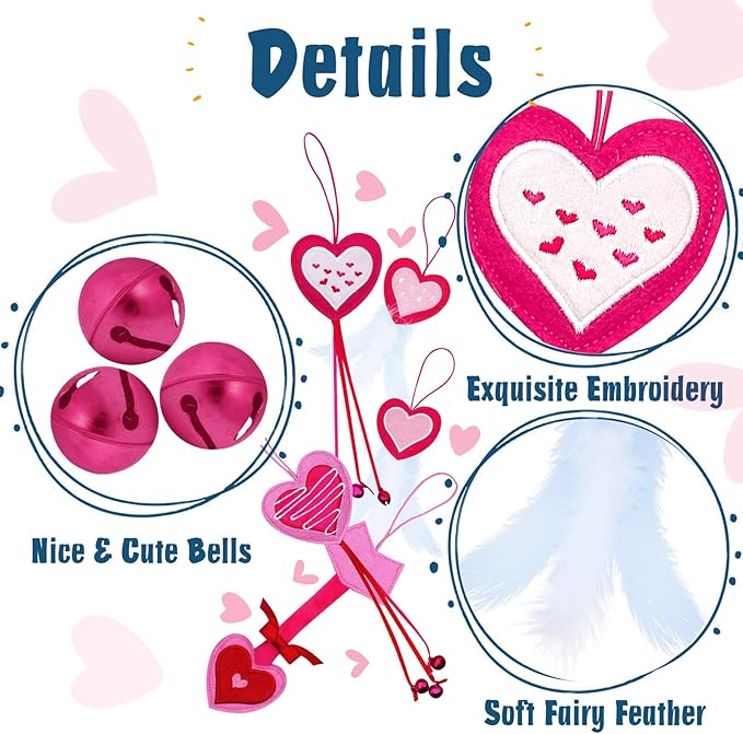 Valentine's Day Cat Toys, 5 Pack Catnip Toys with Feather and Bells, Hanging Cats Teaser Toys, Valentines Day Gifts for Indoor Cats & Kitten & Kitty