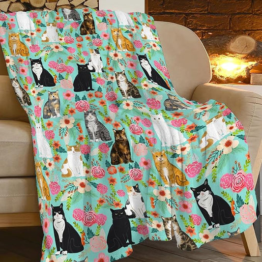 Dollffey Cat Blanket Gifts for Girls Women Cute Cats Flowers Flannel Fleece Throw Blanket Soft Plush Lightweight Warm Fuzzy Teal Blanket for Cat Lovers Decor Bed Couch Living Room for Kids 40"X50"