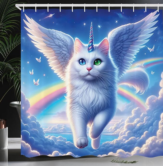 Ambesonne Cat Shower Curtain, Pegasus Like White Kitty with a Unicorn Horn Flying Over Clouds Rainbows Sky, Cloth Fabric Bathroom Decor Set with Hooks, 69" W x 75" L, Azure Blue Pale Pink