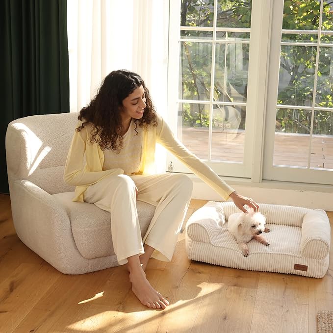FUKUMARU Cat Couch Bed, Corduroy Cozy Cat Bed for Indoor Cats with Removable Washable Cover, Supportive Anti-Slip Dog Beds Sofa for Small Dogs Cute, 27inch, Medium, Cream