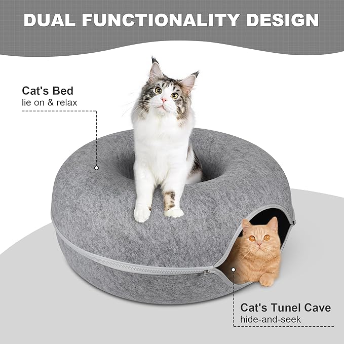 Peekaboo Cat Cave,Cat Tunnel Bed for Indoor Cats - L - 24 * 24 * 11 inch,Cat Donut Tunnel for Pet Cat House,Detachable Round Cat Felt & Washable Interior Cat Play Tunnel