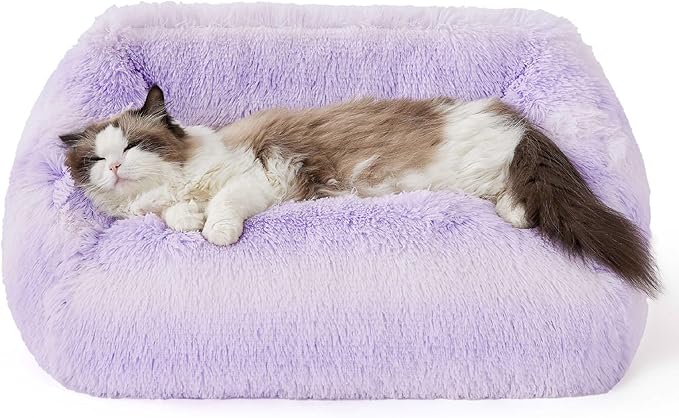 Lesure Cute Cat Couch Bed - Furry Indoor Cat Sofa Large, Washable Calming Small Dog Beds for Puppy with Fashion Design, 26x21x9inches, Purple Stripe