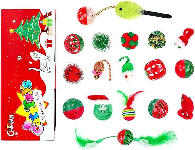 CHIWAVA 17 Pack Christmas Cat Toy Bag Set Assorted Toys Variety Pack Kitten Interactive Play