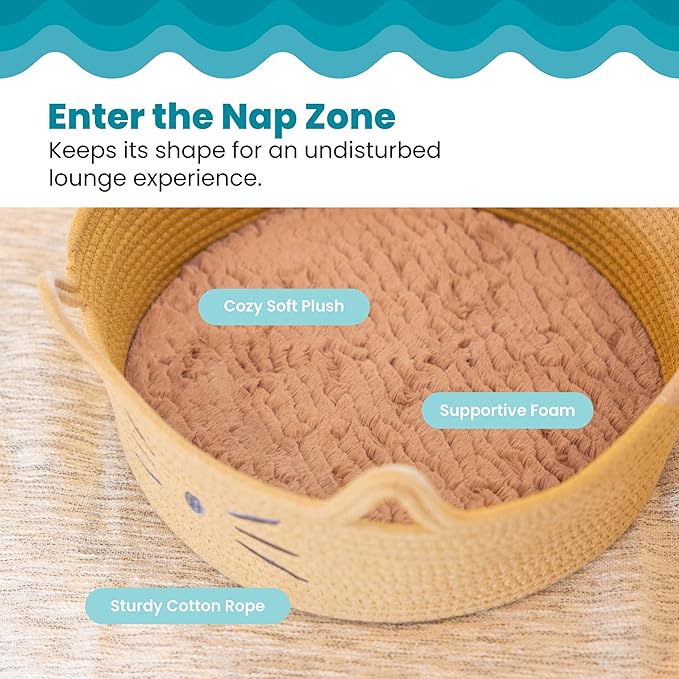 Catstages Bed & Basket Retreat 2-in-1 Cat Bed with Removable Cushion, Plush, Cotton Rope, Tan