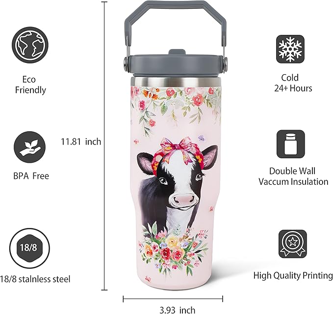 30oz Cow Print Tumbler with Handle and Straw， Just A Girl Who Loves Cows， Cow and Flower Coffee Cup， Stainless Steel Vacuum Insulated Tumbler, Cow Stuff Accessories Decor, Cow Gifts for Women
