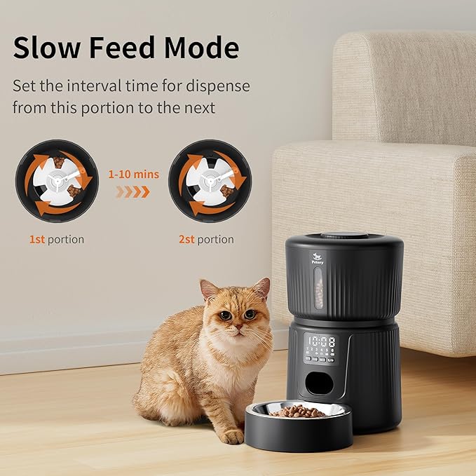 Petory Automatic Cat Feeder - 6 Meals Automatic Cat Food Dispenser with Slow Feeding for Cats and Small Dogs, Dual Power Supply Including Desiccant Bag