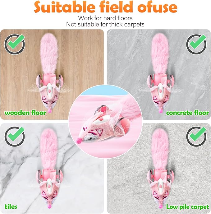 Migipaws Automatic Cat Toys, Plush Cat Mouse Toy, Interactive Toy for Indoor Cats, Smart Moving Kitten Toy, Rechargeable (Pink)