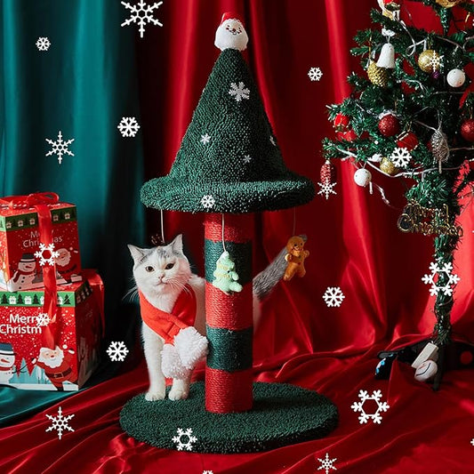 LUCKITTY Cat Scratching Post with 4 Hanging Plush Toy - Christmas Tree Alternative Give Your Cat a Toy and Scratching Post in One with This Ultimate Cat Tree 30 * 15 Inch Red Green