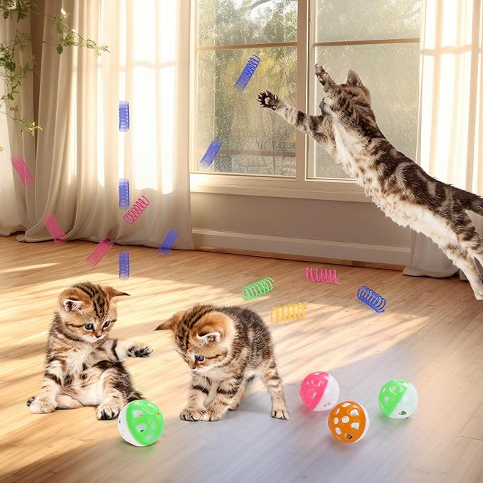 Palksky Cat Ball Pit with 210PCS Cat Toy Balls and 4PCS Cat Spring Toy, Interactive Cat Toys for Bored Indoor Cats Self Play, Cat Enrichment Toy for Interactive Fun and Exercise