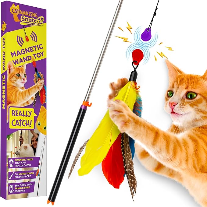 Snatch - Magnetic Cat Wand Toy - Telescoping, Durable Cat Feather Toy - Cat Fishing Pole Toy - Teaser Wand String Toy - Heavy Duty Cat Stick Toy - Cats Can Really Catch!