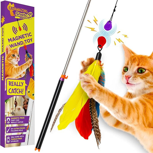 Snatch - Magnetic Cat Wand Toy - Telescoping, Durable Cat Feather Toy - Cat Fishing Pole Toy - Teaser Wand String Toy - Heavy Duty Cat Stick Toy - Cats Can Really Catch!