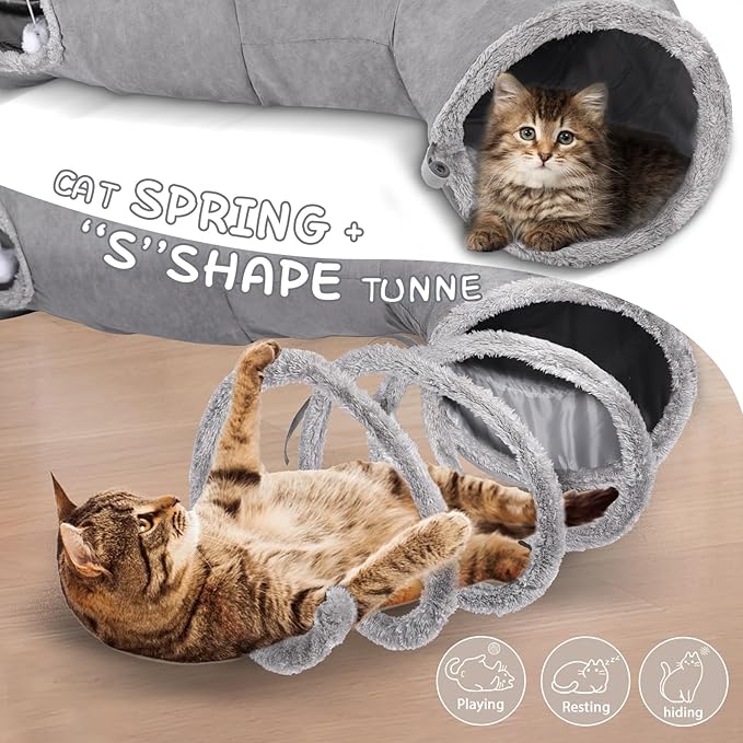 S-2-Way Cat Tunnel for Indoor Cats - 59x10Inches,Collapsible Cat Play Tunnel, Interactive Toy with 2 Hidden-Exits&Hanging Balls, Cat Spiral Tunnel for Cats, Puppy, Kitty, Kitten, Rabbit (Gray)