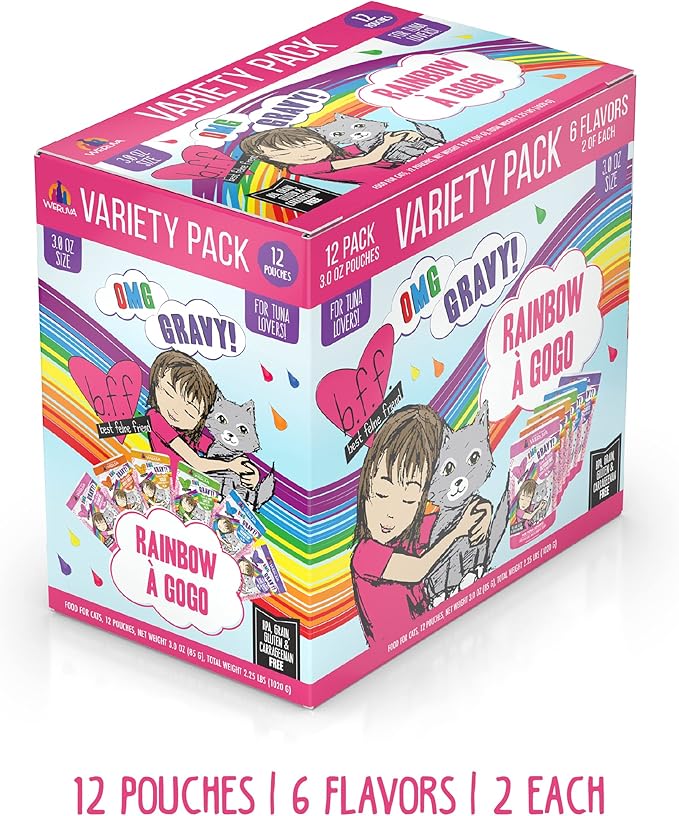 Weruva B.F.F. OMG - Best Feline Friend Oh My Gravy!, Rainbow A Gogo Variety Pack! Cat Food, 3oz Pouch (Pack of 12)