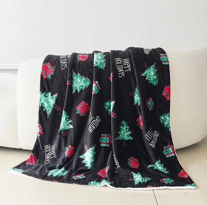 Elegant Comfort Reversible and Ultra-Plush Flannel Fleece-Winter Christmas Sherpa Throw- Lightweight Soft and Cozy-Holiday Decorative Throw, Perfect for Lounging, 50 x 60 inches, Feliz Navidad