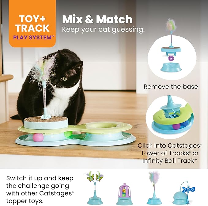 Catstages 2-in-1 Spring Toy Interactive Cat Toy and Topper for Cat Ball Track with Removable Feather Spring Toy and Corrugated Cat Scratcher, Blue
