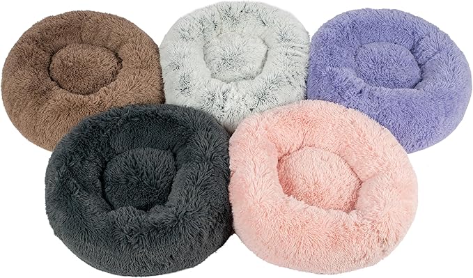 Best Pet Supplies Round Donut Dog Bed with Plush Faux Fur Fabric, Calming, Anti-Anxiety Cushion for Indoor Pets, Slip-Resistant Base, Soft Ergonomic Support - Gray, 30x30x8''