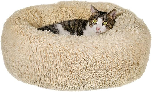 Calming Cat Beds for Indoor Cats, Anti Anxiety Round Fluffy Plush Faux Fur Cat Bed, Washable 23 inches Small Dog Bed & Cat Bed