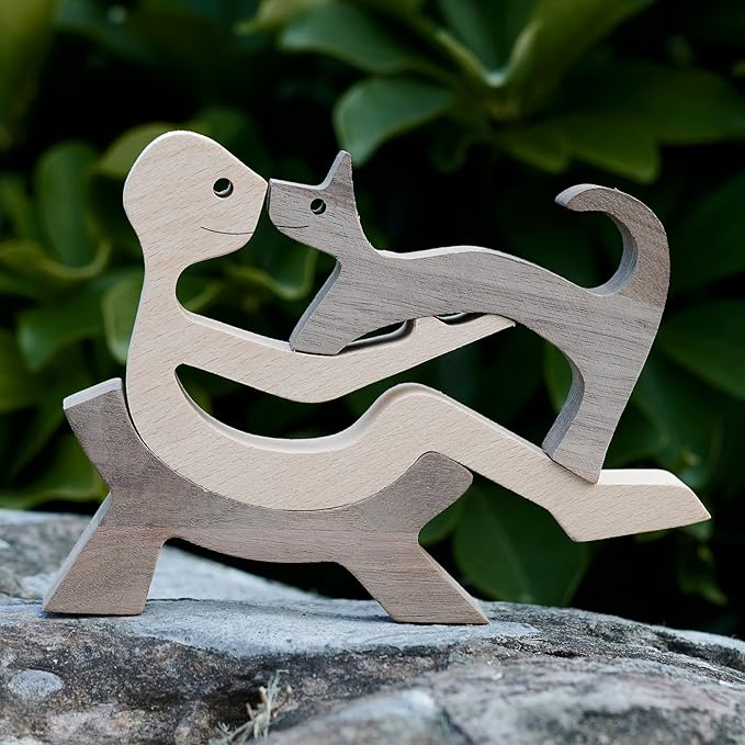 Animal Decor Wooden Statue Man and Cat Figurines Decor Carved Wood Decorative Sculpture