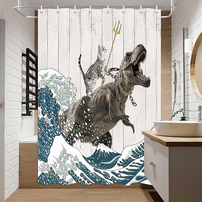 Boziqr Funny Cat Shower Stall Curtain, Cool Cat Dinosaur Japanese Ocean Wave Decor Fabric RV Bathroom Curtains, Kids Children Rustic Wooden Farmhouse Shower Curtain, 47 X 64 Inches