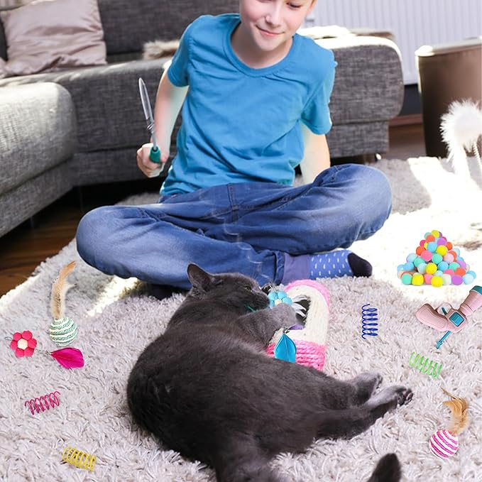 MOMOONNON Cat Toys Interactive Cats Pom Pom Balls Launcher Feather Toy Replacement Teaser Toys for Indoor Cat Kitten Toys Supplies (Style 01)