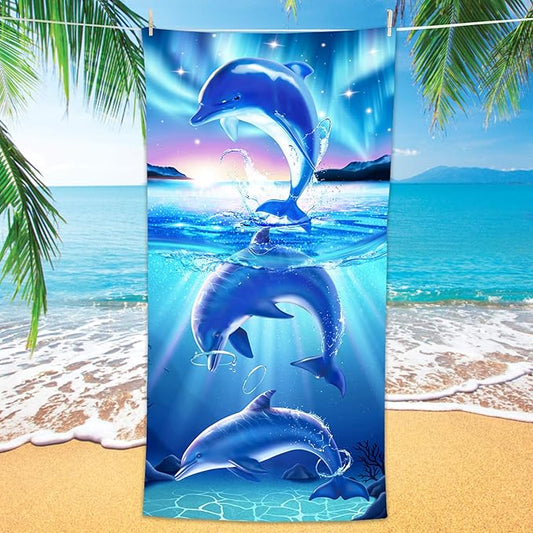 Bonsai Tree Dolphin Beach Towel, Cute Ocean Dolphins Themed Microfiber Bath Towel Gifts for Kids, Funny Abstract Animals Cartoon Sand Free Quick Dry Travel Towels for Boys Girls Pool Sports 30" x 60"