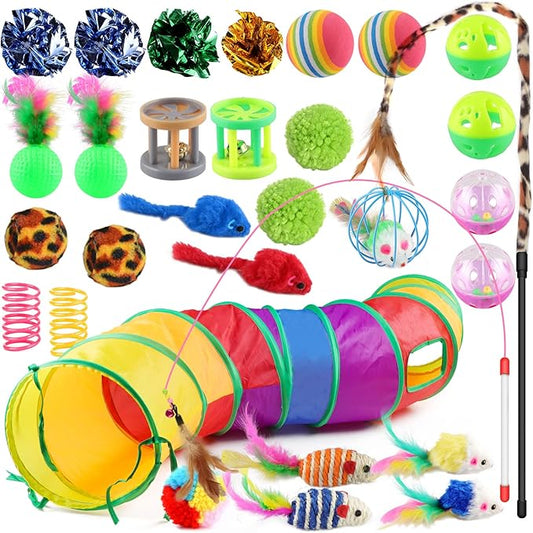 Cat Feather Toys 32PCS Interactive Kitten Toys Assortments, Rainbow Tunnel, Teaser Wand, Crinkle Balls, Bells, Colorful Mice, for Small Breeds