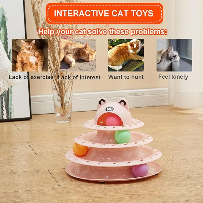 Cat Toys, 4-Level Turntable Ball Track Interactive Cat Toy for Indoor Cats, Self Play Fun Roller with Colorful Rotating Ball Puzzle Exercise Kitten Toys (Pink)