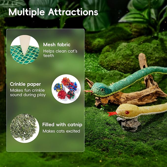 Potaroma Cat Toys Realistic Snake Catnip Crinkly Sound Toy 2 Pcs, Mesh Fabric for Teeth Cleaning, Interactive Kicker Toys for Indoor Kitten Exercise 20 Inches