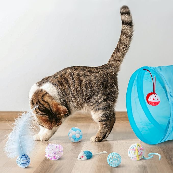 MALLMALL6 11Pcs Cat Toy Set Interactive Cat Toys Pack with Foldable Blue Tunnel Feather Teaser Wand Cat Springs Mice Crinkle Balls and Pet Bell Balls, Puzzle Toys for Indoor Cats Gift (Blue)