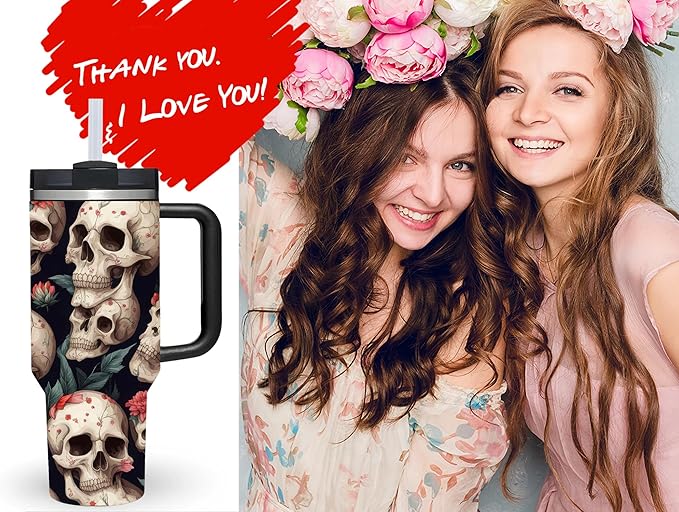AMZUShome 40 OZ Goth Black Skull Tumbler with Handle.Skull Lover Goth Gifts.Unique Birthday Christmas Halloween Gifts.Personalized 40 OZ Goth Black Skull with Flower Tumbler Gifts for Women Men.