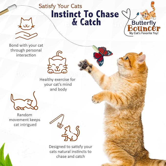 Butterfly on Wire Bounces to Mimic a Real Butterfly's Flight - Interactive Cat Toy - Cats/Kittens Play Catch Chase Exercise-Comfortable Bamboo Handle-Stocking Stuffer-Made in USA