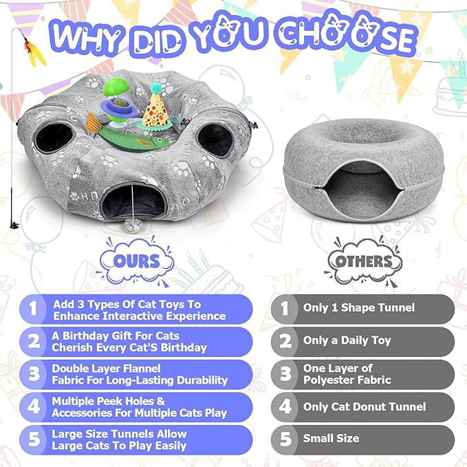 Interactive Cat Toys with Cat Tunnel Bed, Bite Resistant Catnip Toy, Feather Toys, Catnip Balls and Fish, Cat Toys for Indoor Cats, A Birthday Gift for Cats